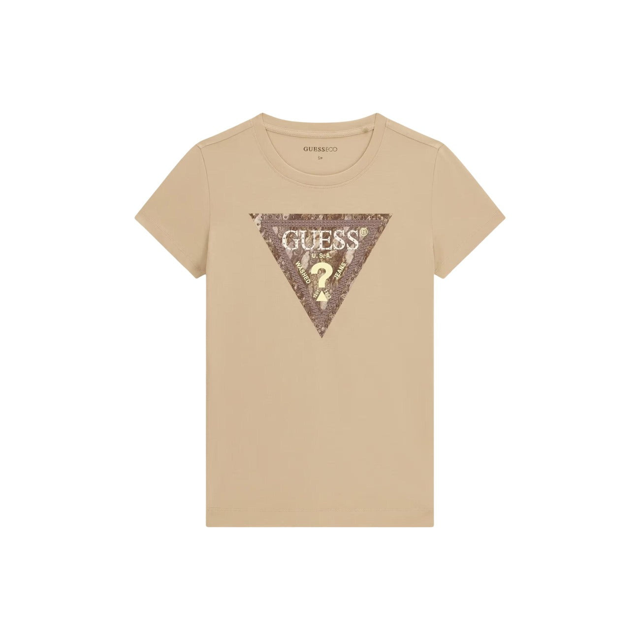 Guess T-Shirt Donna Beige con Logo Triangolo e Dettaglio Brillante