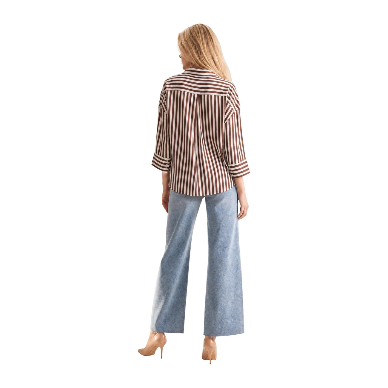 Jacqueline de Yong Camicia Donna a Righe Marrone e Bianco Vestibilità Oversize