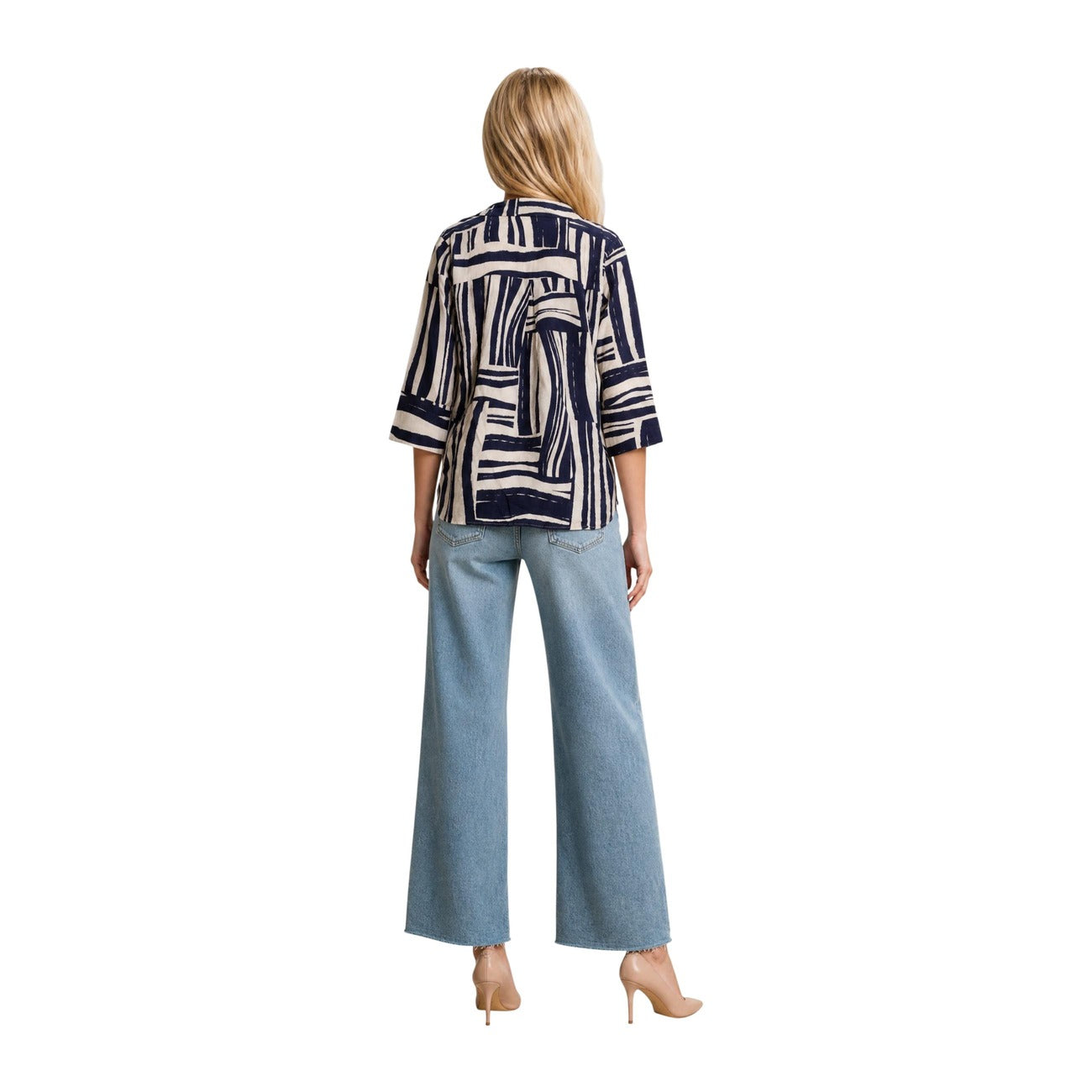Jacqueline de Yong Top Donna Fantasia Geometrica Blu e Beige Vestibilità Morbida