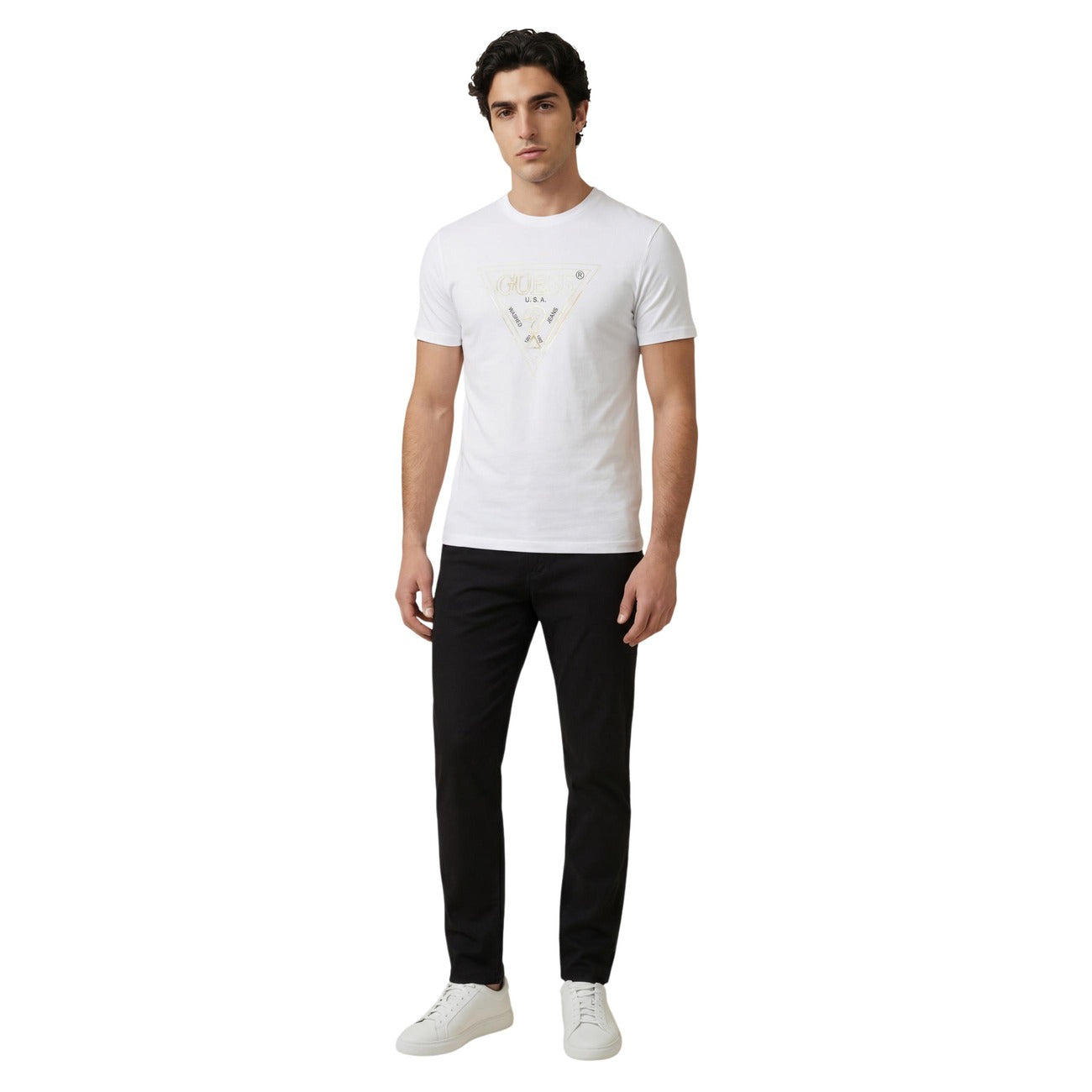 Guess T-Shirt Uomo Bianca con Logo Triangolo Iconico Regular Fit