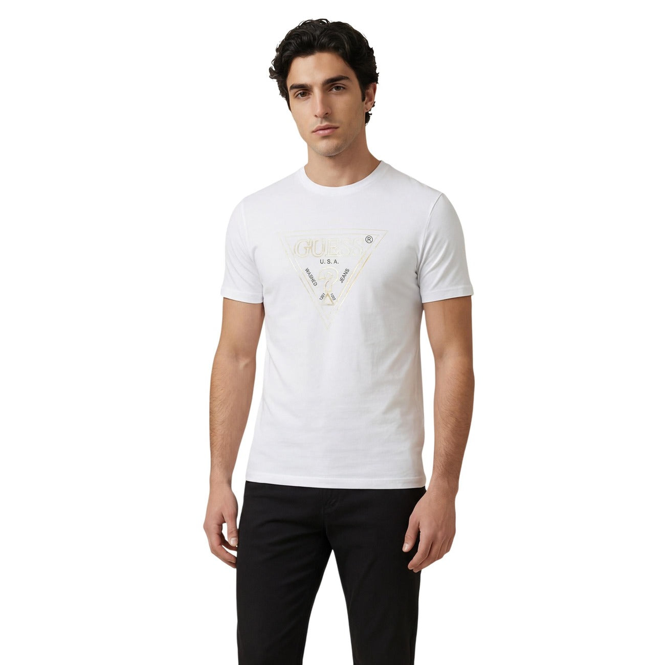 Guess T-Shirt Uomo Bianca con Logo Triangolo Iconico Regular Fit