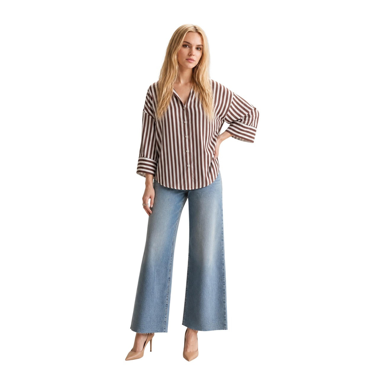 Jacqueline de Yong Camicia Donna a Righe Marrone e Bianco Vestibilità Oversize