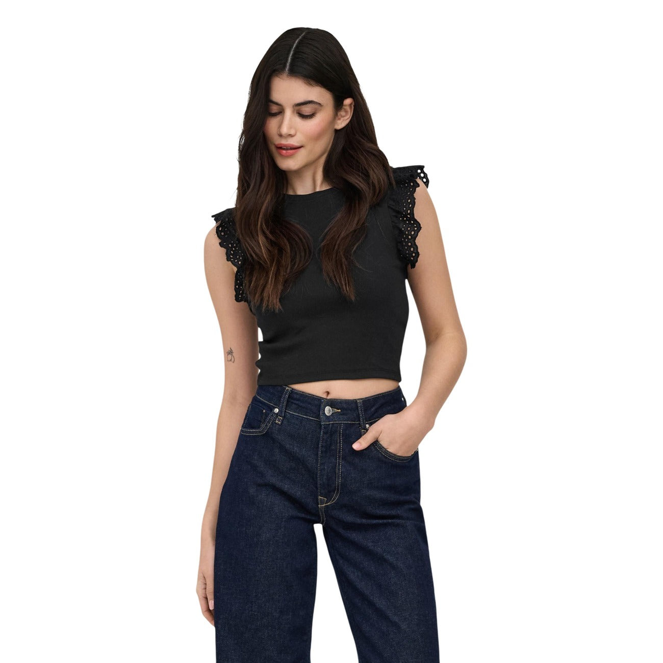 Only Top Donna Azzurro con Volant Sangallo e Vestibilità Slim