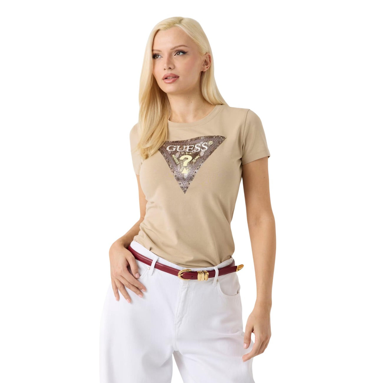 Guess T-Shirt Donna Beige con Logo Triangolo e Dettaglio Brillante