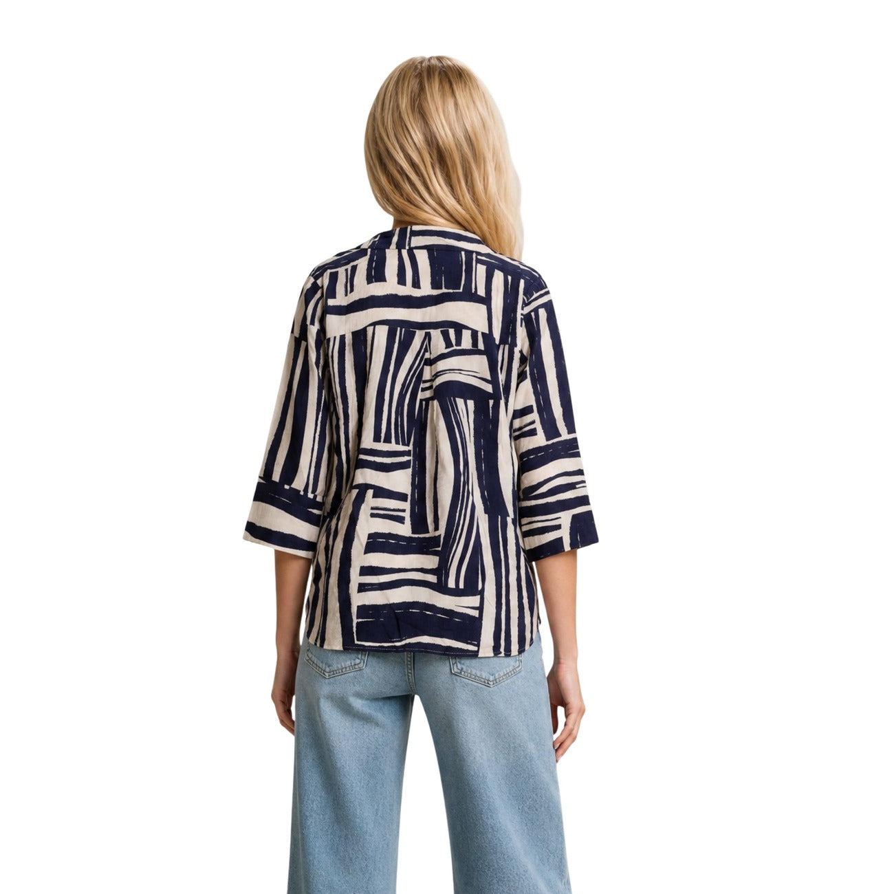 Jacqueline de Yong Top Donna Fantasia Geometrica Blu e Beige Vestibilità Morbida
