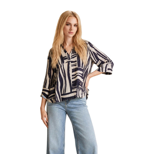 Jacqueline de Yong Top Donna Fantasia Geometrica Blu e Beige Vestibilità Morbida