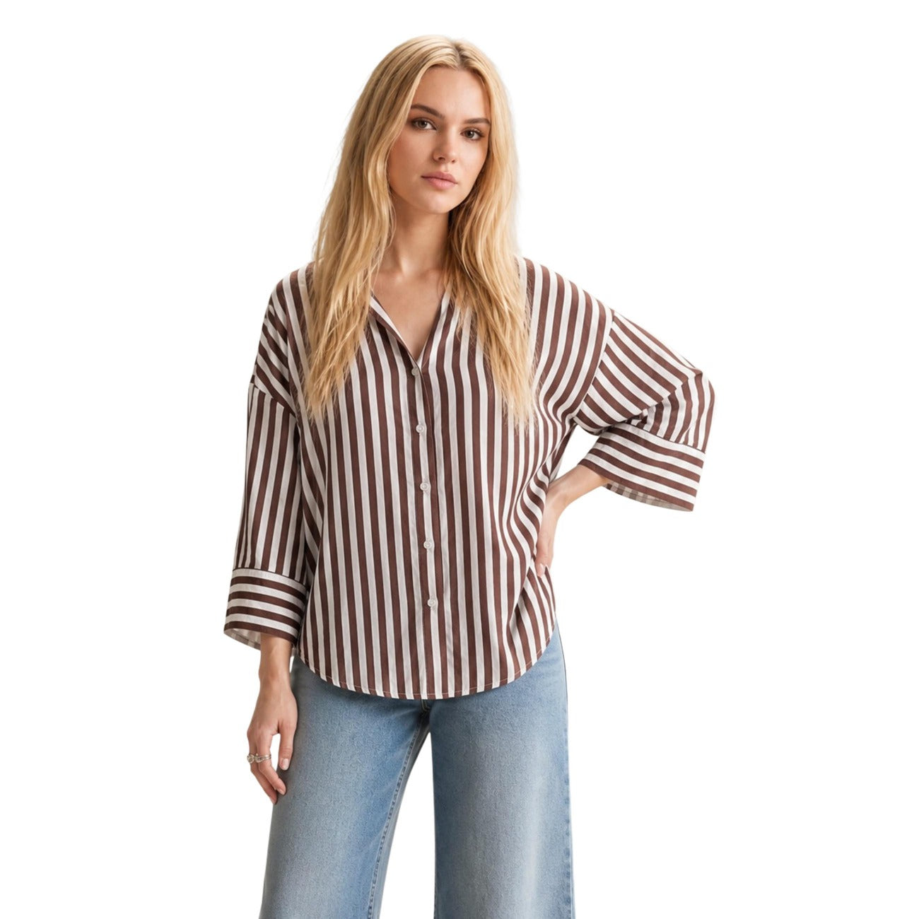 Jacqueline de Yong Camicia Donna a Righe Marrone e Bianco Vestibilità Oversize