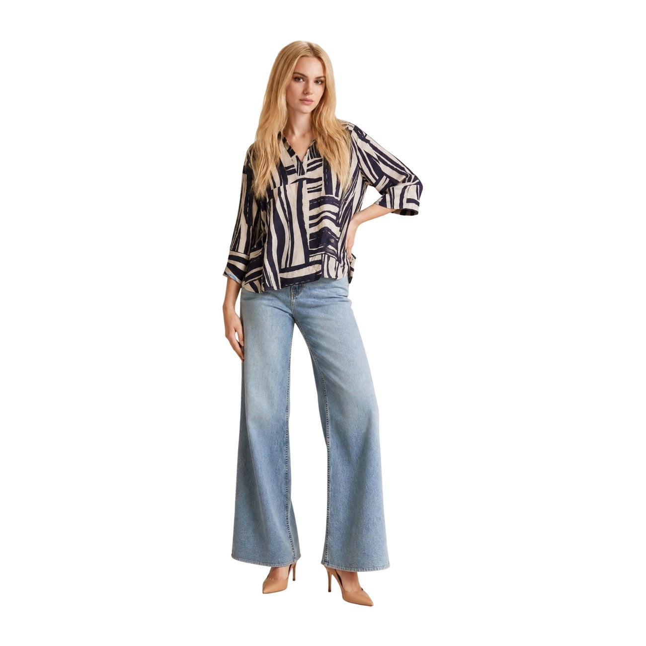 Jacqueline de Yong Top Donna Fantasia Geometrica Blu e Beige Vestibilità Morbida