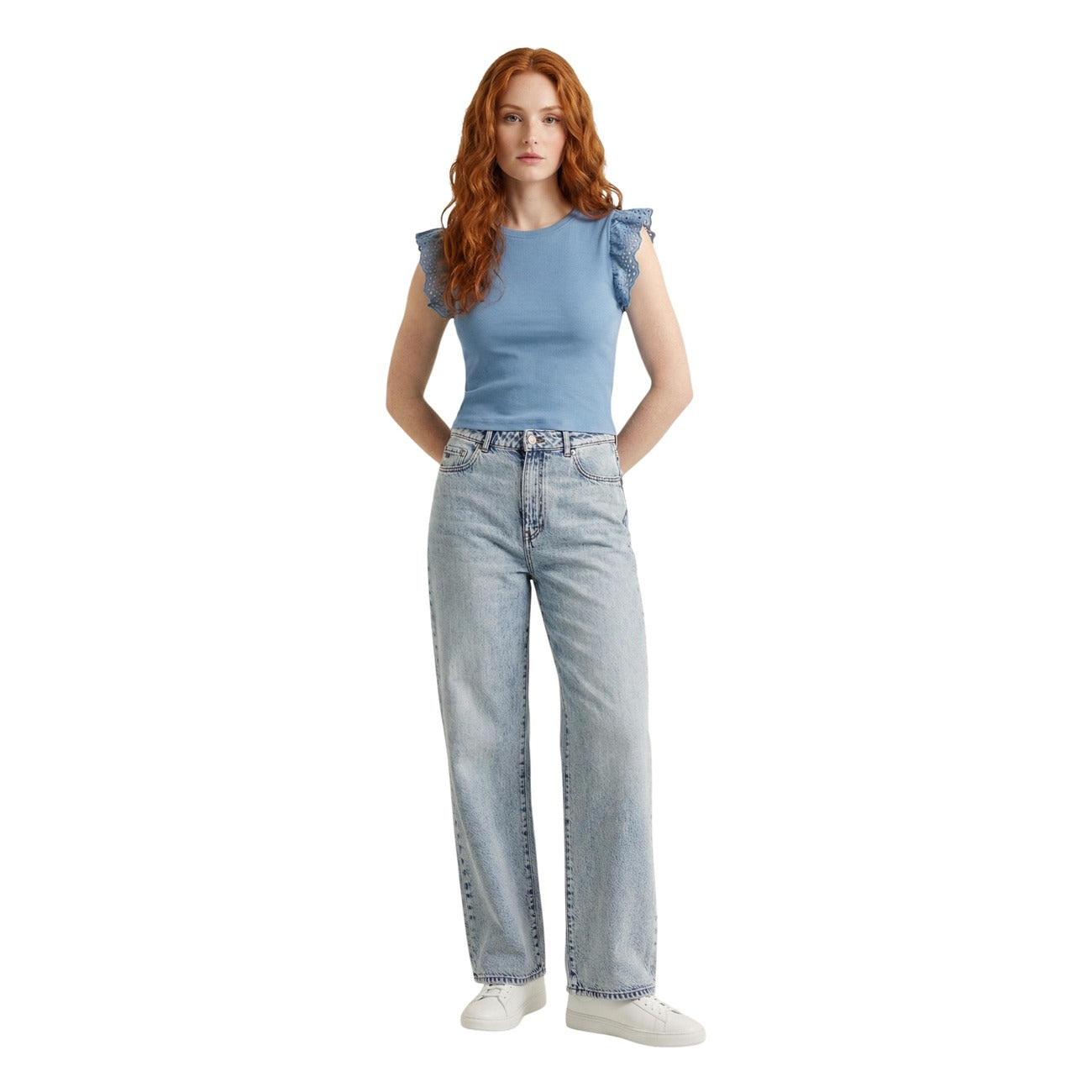 Only Top Donna Azzurro con Volant Sangallo e Vestibilità Slim
