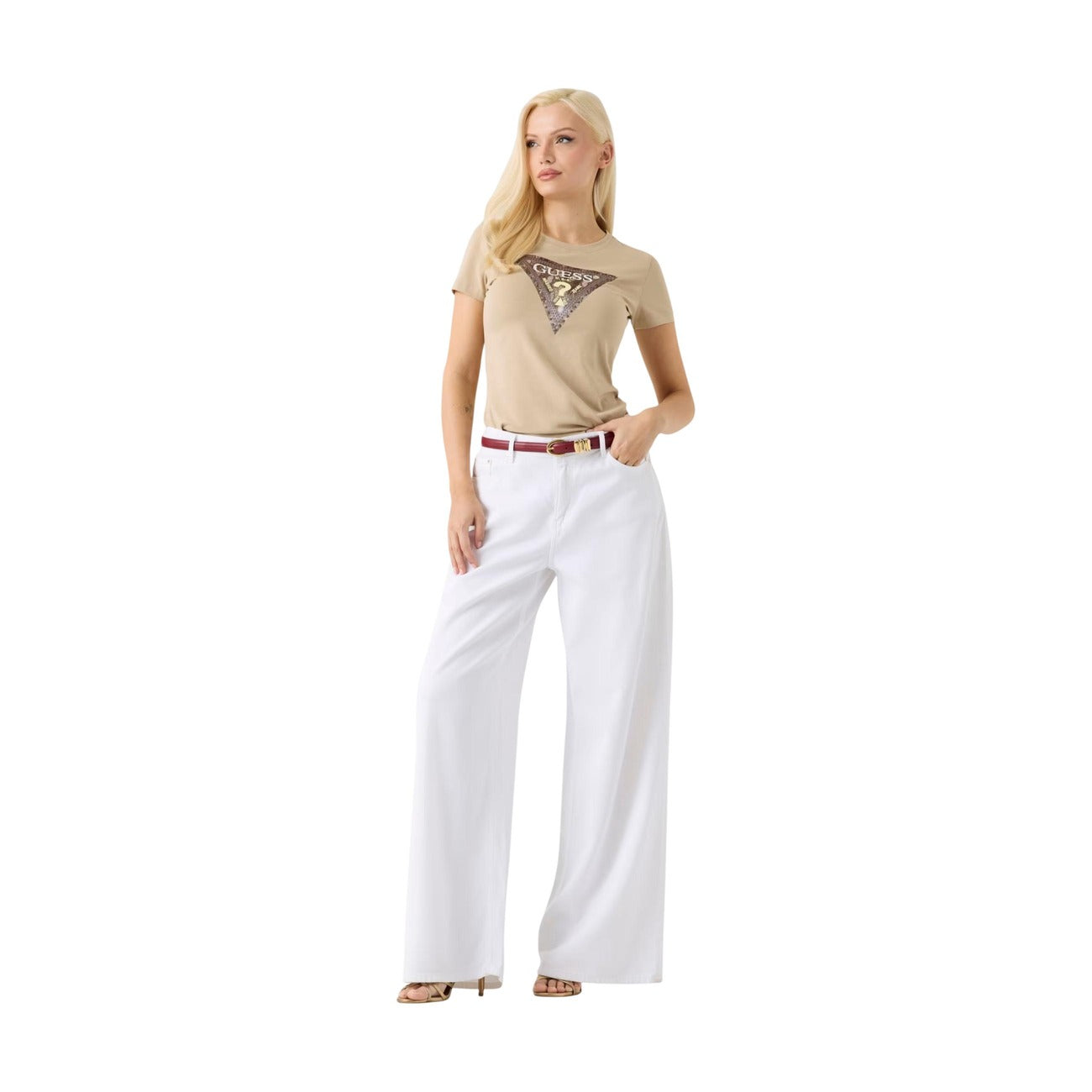 Guess T-Shirt Donna Beige con Logo Triangolo e Dettaglio Brillante
